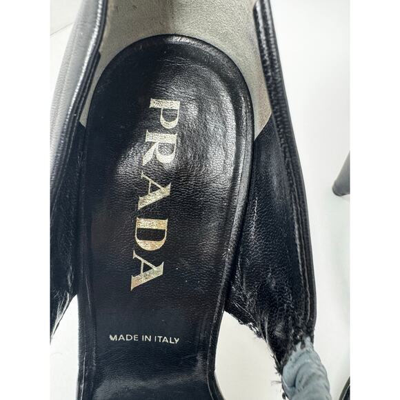Vintage Prada Black Leather Heels with Blue Ruched Elastic Strap Size 36.5 - Picture 3 of 10
